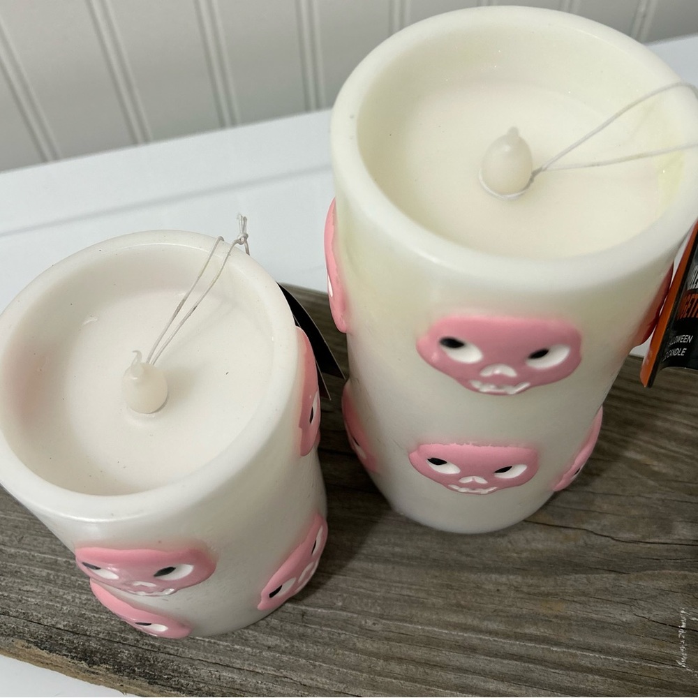 Summerween Skull Embellished White and Pink Flameless Candle Set - Picture 2 of 3